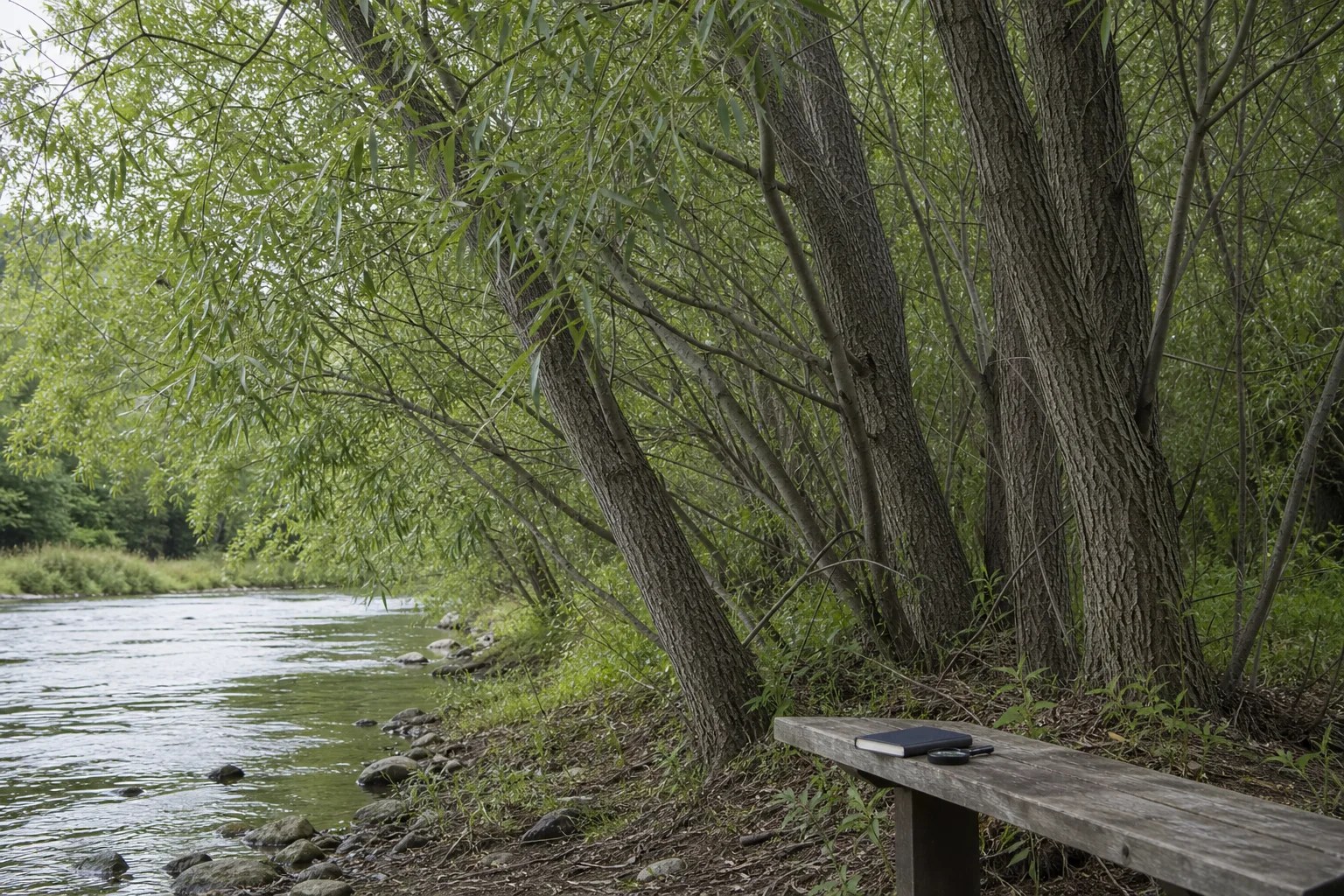 Intact living willow trees beside water, observed with a closed notebook and unused hand lens.