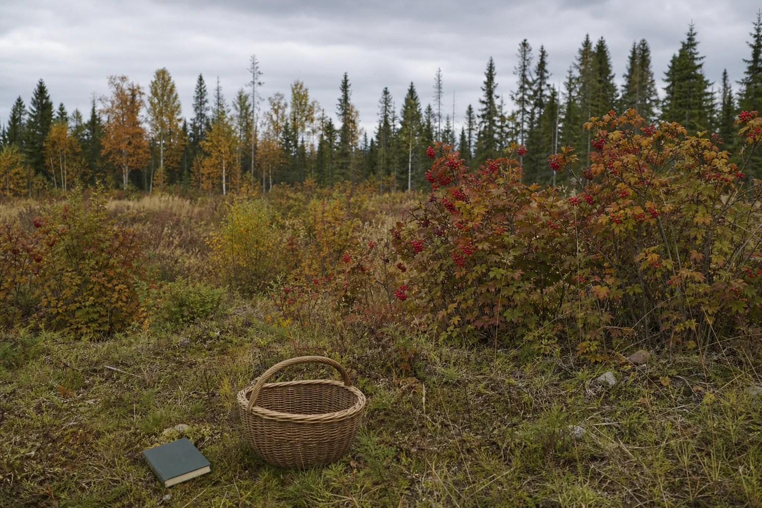 Red-fruited squashberry shrubs in a northern autumn habitat beside a closed notebook and empty basket.