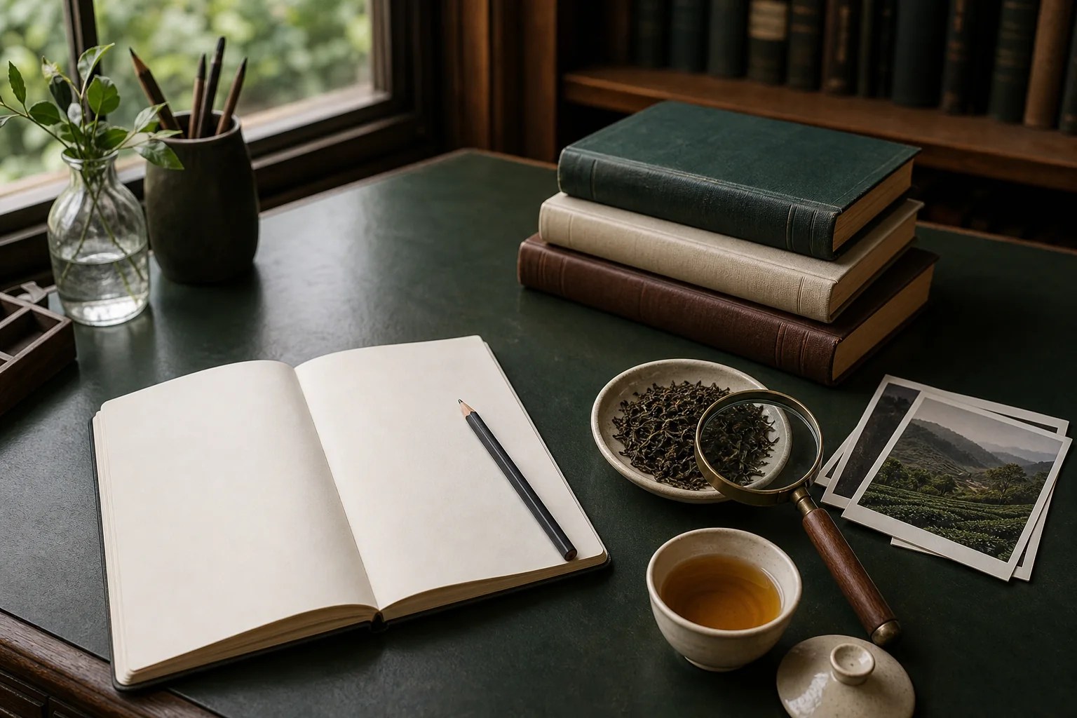 A tea journal, brewing tools, and leaves arranged for Being Tea Co field notes.