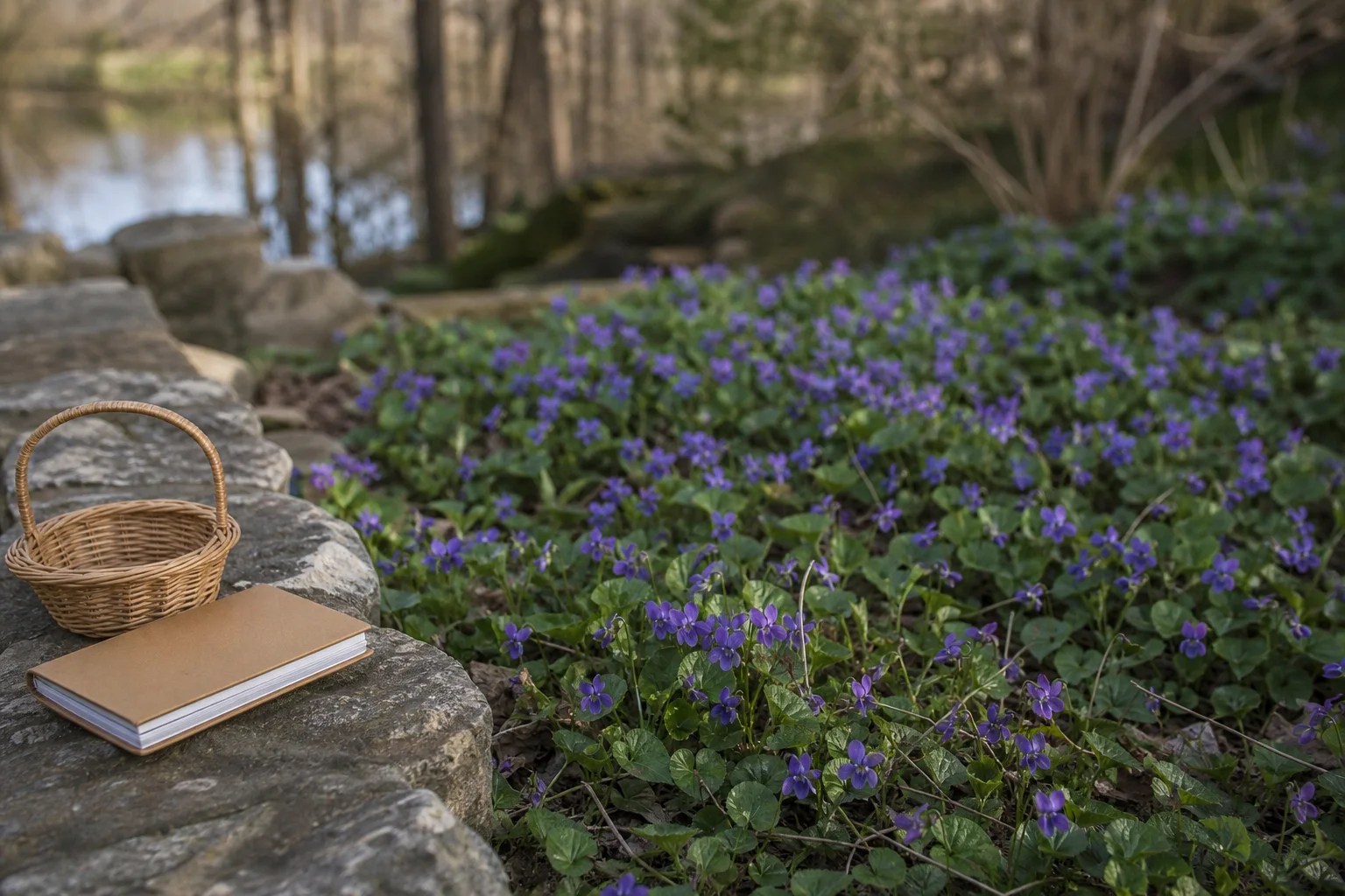 A broad spring patch of common blue violets beside a closed notebook and empty basket.