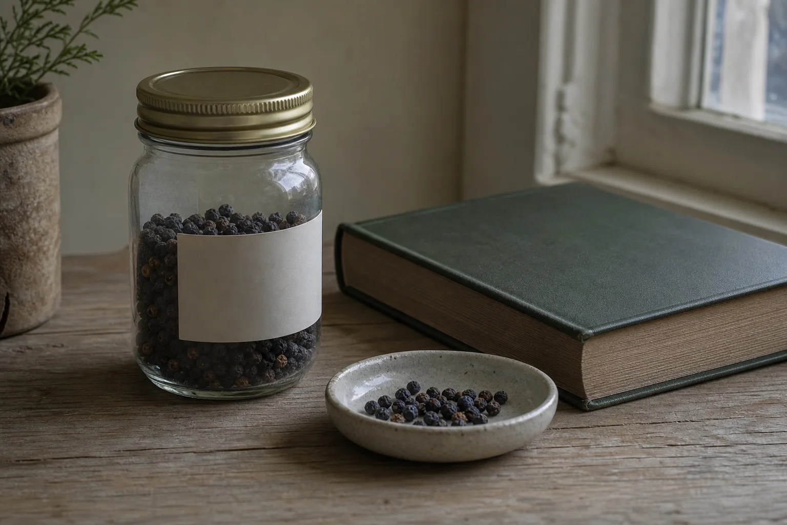 Purchased dried common juniper berry-cones beside a closed reference book.