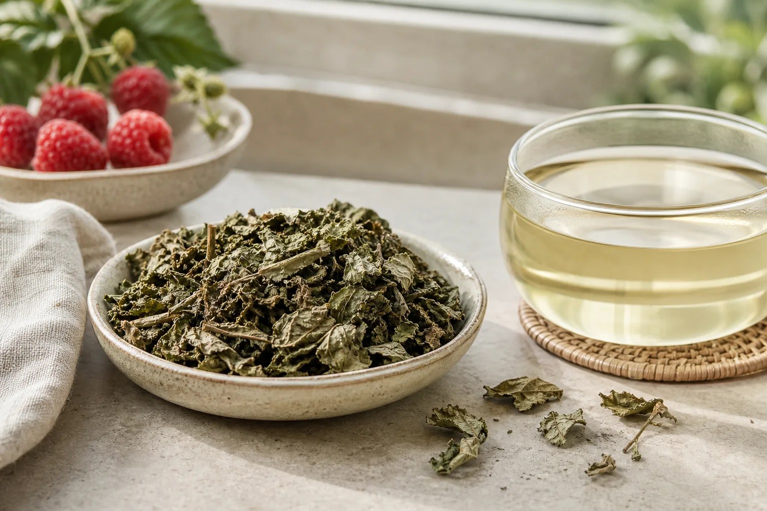 Purchased dried red raspberry leaf beside a pale green-gold infusion, with raspberries in the background.