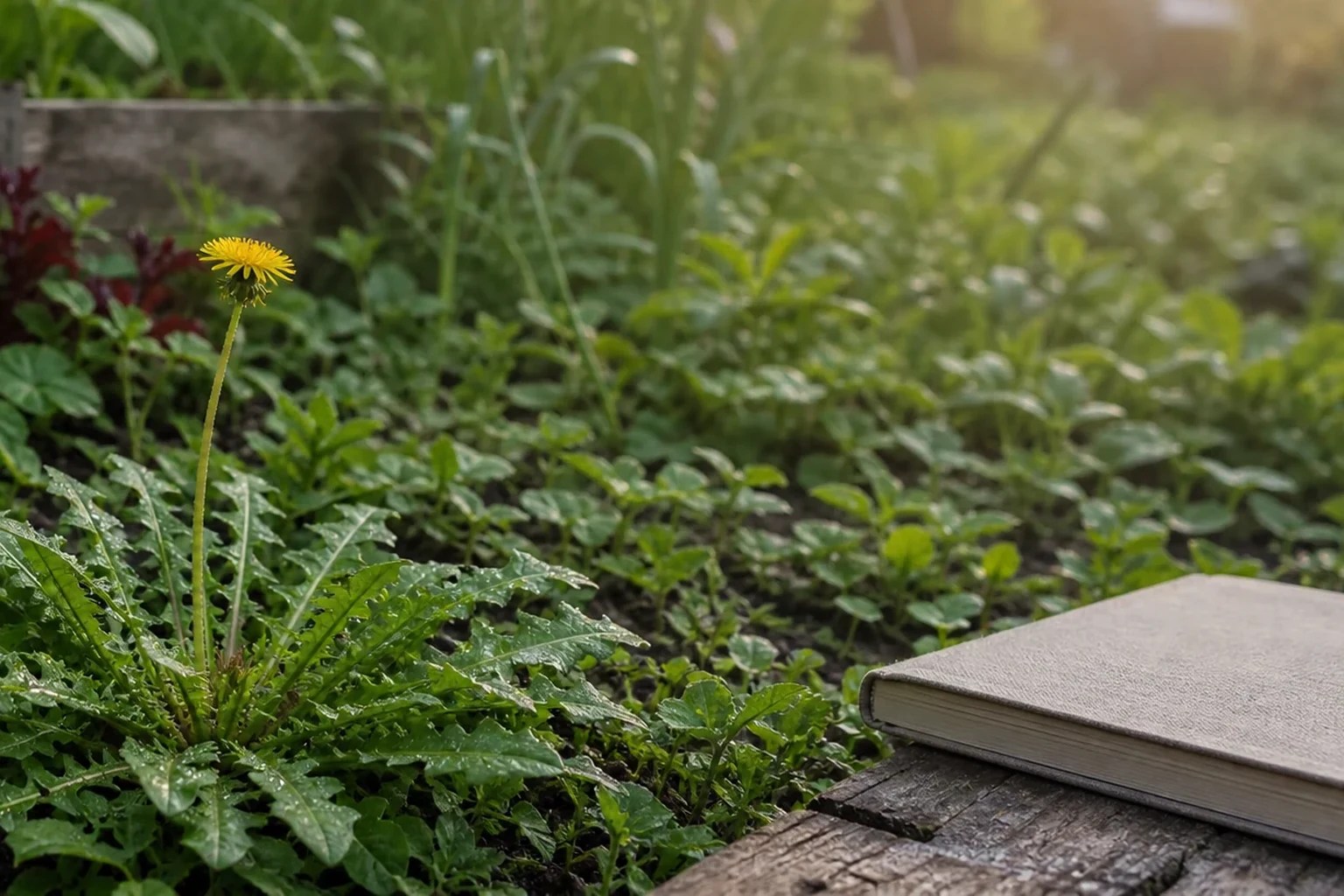 A dandelion rosette and single-flower stalk observed in an unsprayed garden context.