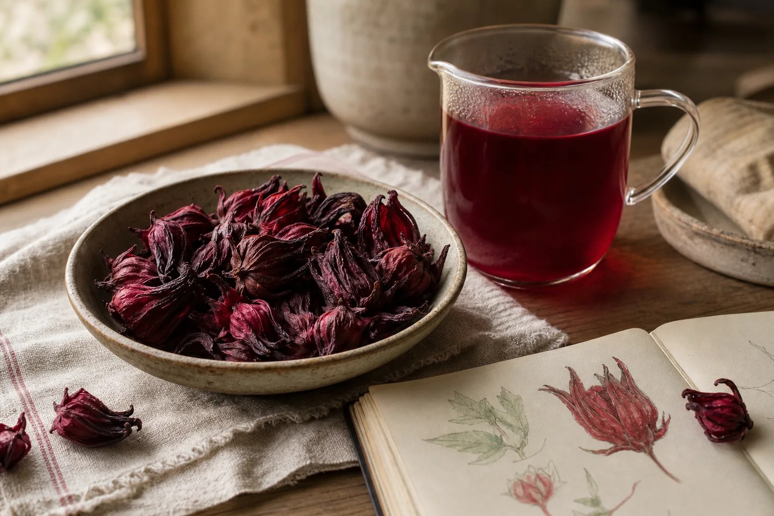 Dried food-grade roselle calyces beside a clear ruby infusion and an editorial notebook.