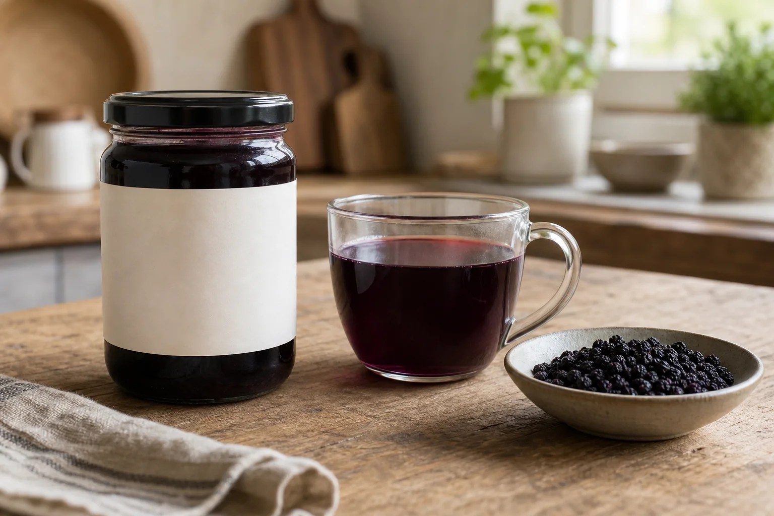 A traceable cooked black elderberry product, dark-purple drink, and separate dried commercial fruit.