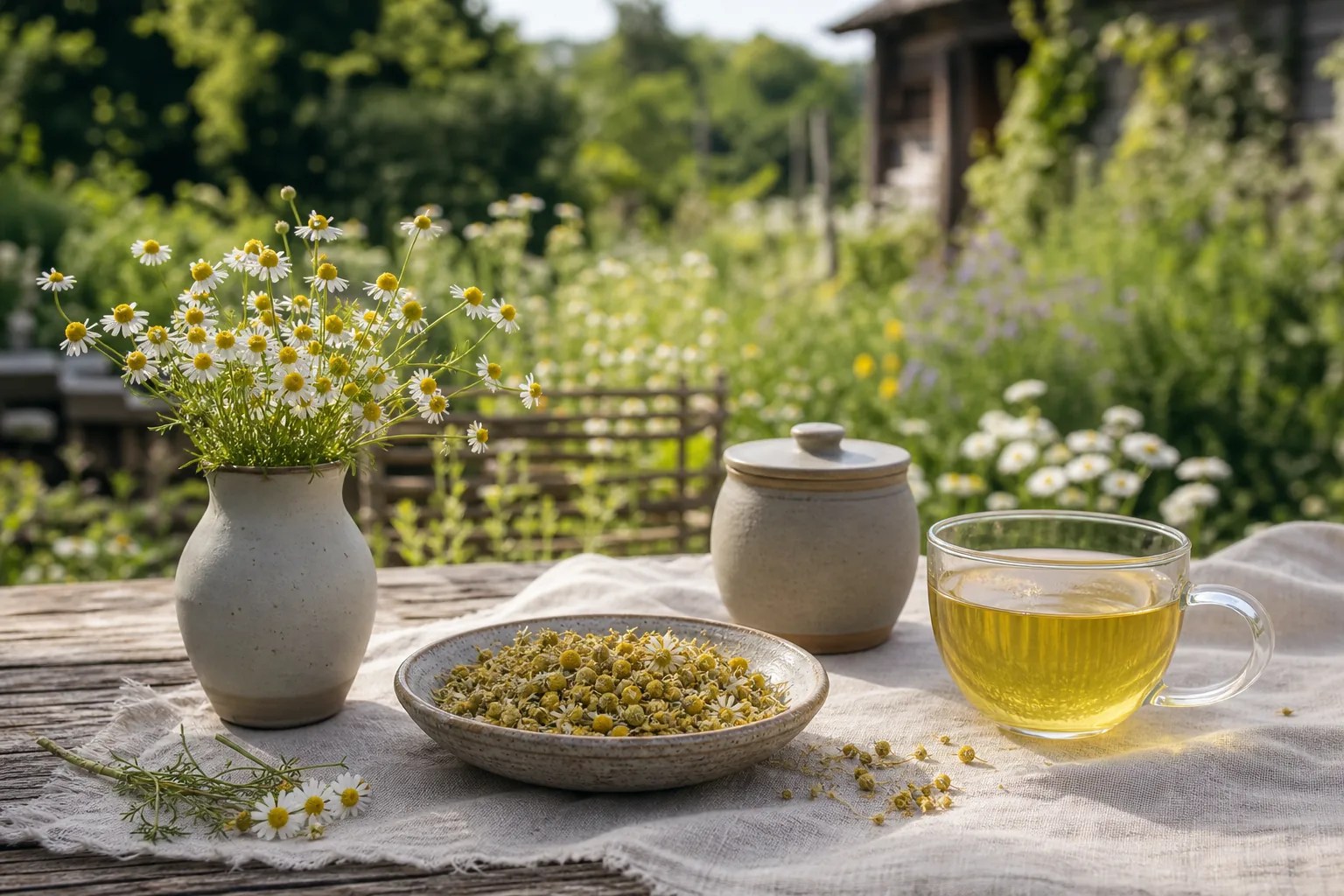 Food-grade German chamomile flower heads and a golden infusion in soft daylight.