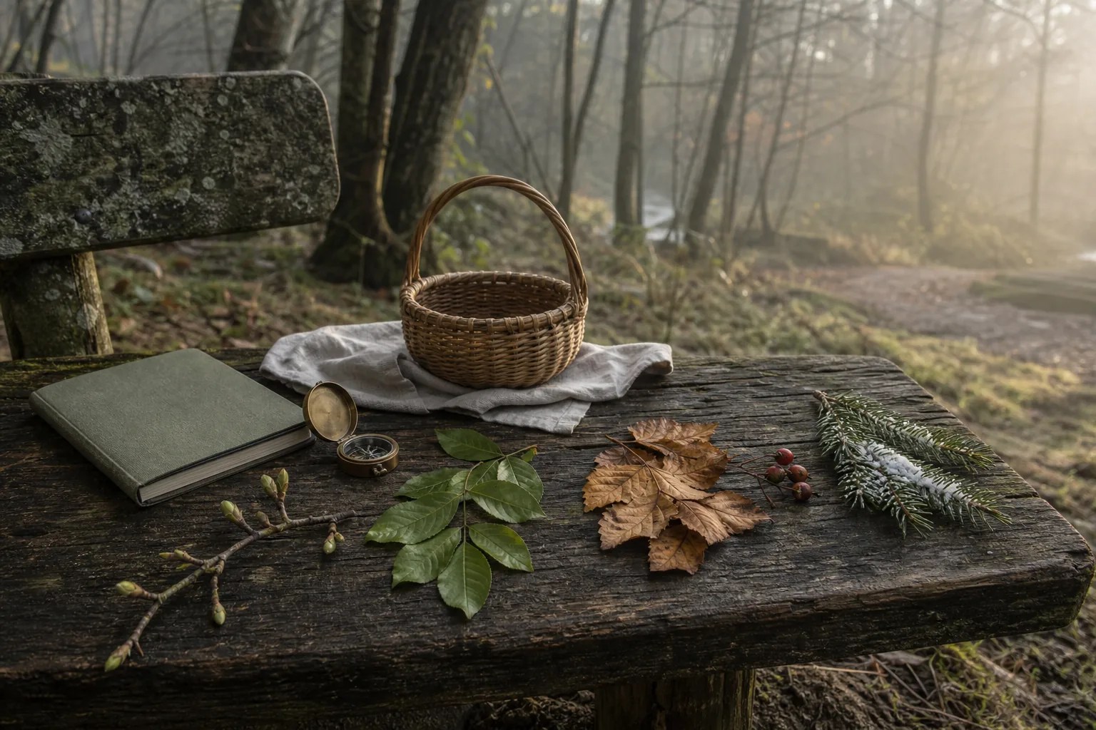A seasonal field notebook, regional map, hand lens, and covered basket beside an herbal infusion.