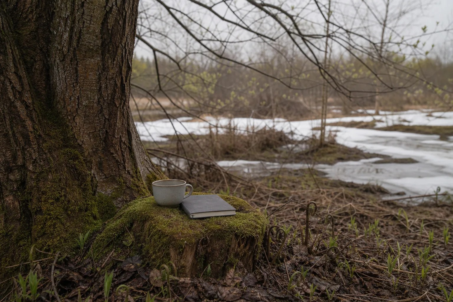 A soft spring landscape with new buds, young green growth, melting snow, and a field notebook.