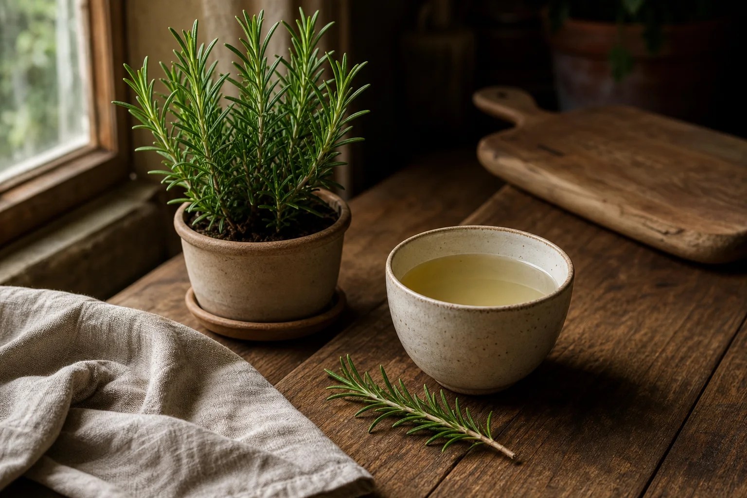 A potted rosemary plant and one modest sprig beside a pale infusion.