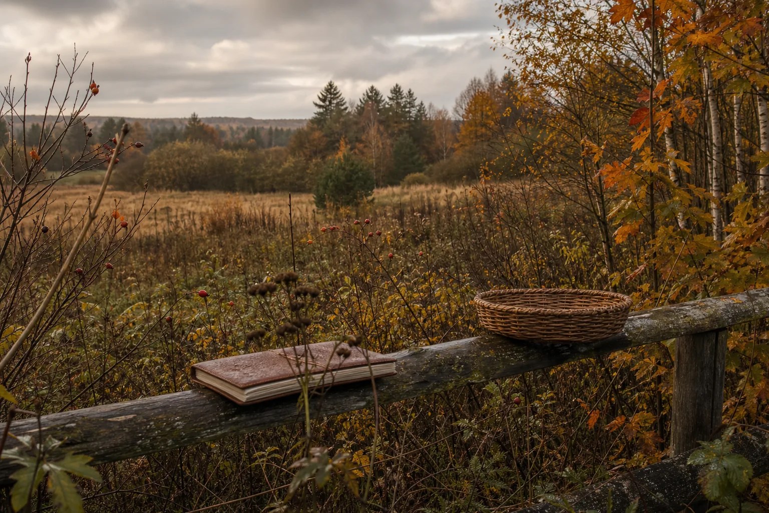 An autumn hedgerow with ripe rose hips, changing leaves, and an empty respectful gathering basket.