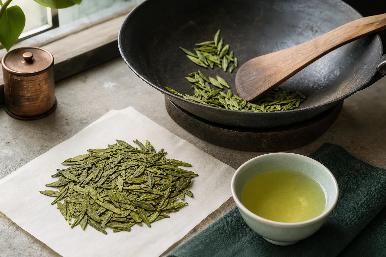 Flat pan-fired green-tea leaves and yellow-green liquor beside a wok used for heat fixation.