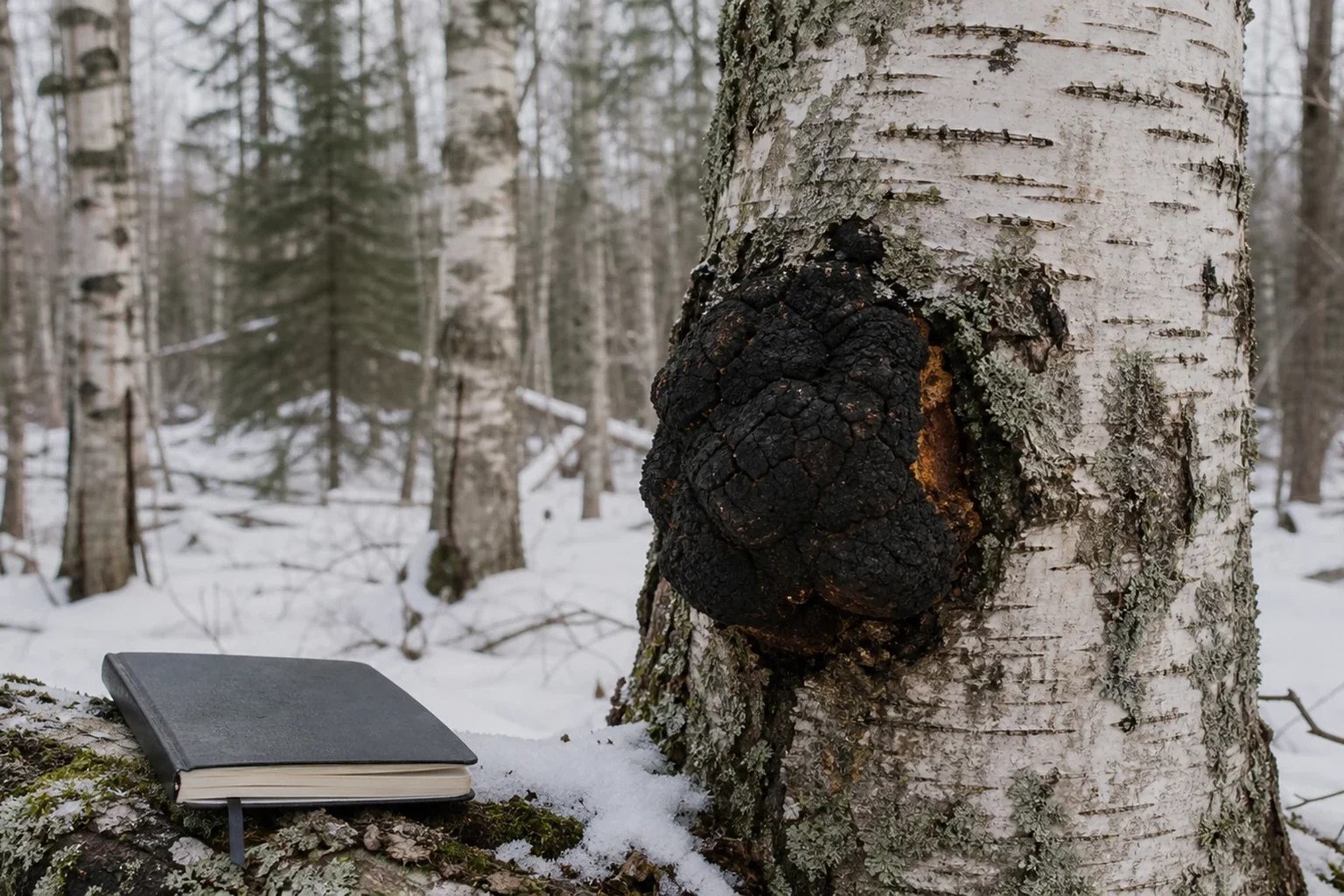 A dark chaga conk on a living birch in winter, shown as an educational forest observation.