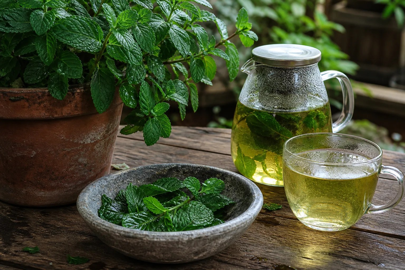 Labeled peppermint leaves, a covered cup, and cooling herbal infusion on linen.