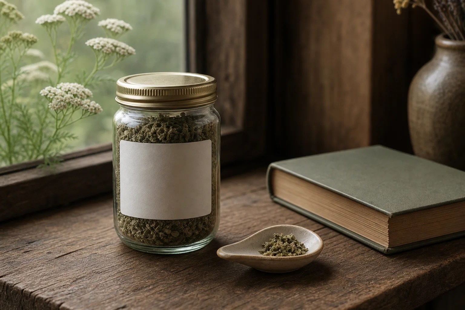Purchased dried common yarrow in a jar and spoon beside a closed reference book.