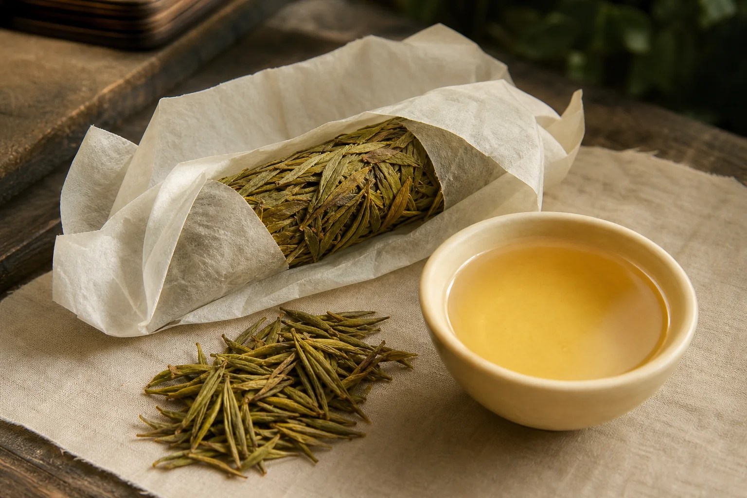Yellow-tea buds, mellow gold liquor, and fixed leaves held in plain paper for controlled yellowing.