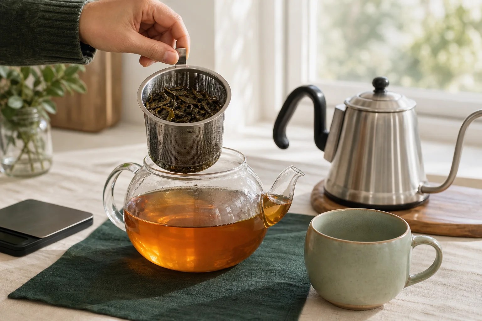 A basket infuser being lifted from a large glass pot of Western-style loose-leaf tea.