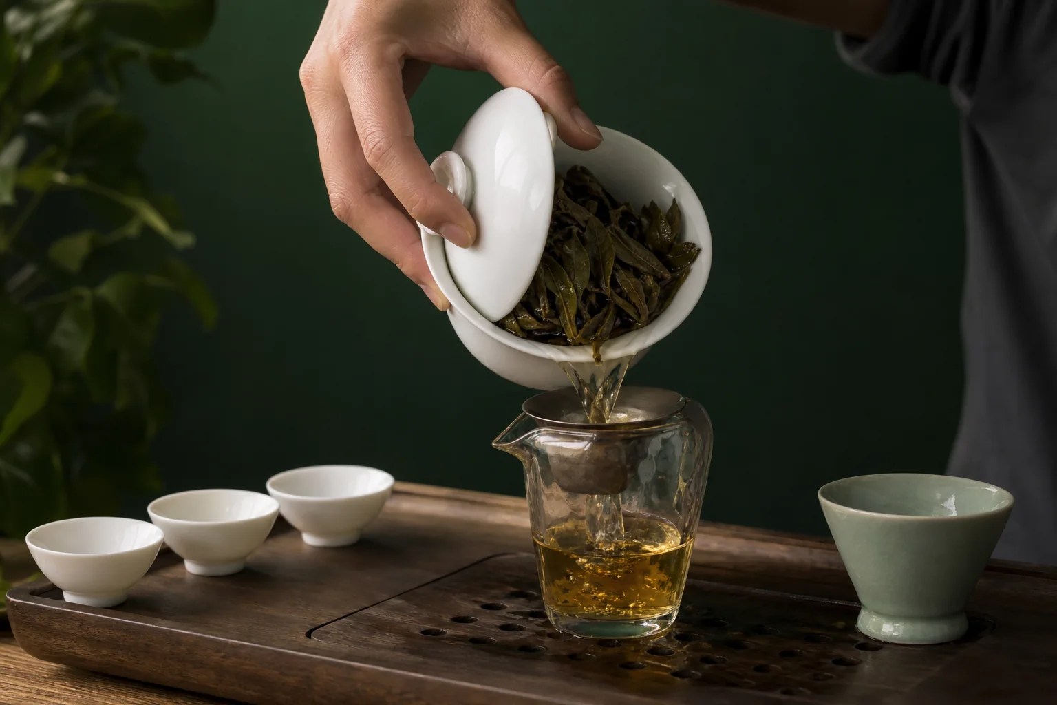 A small porcelain gaiwan fully decanting amber tea into a glass fairness pitcher.