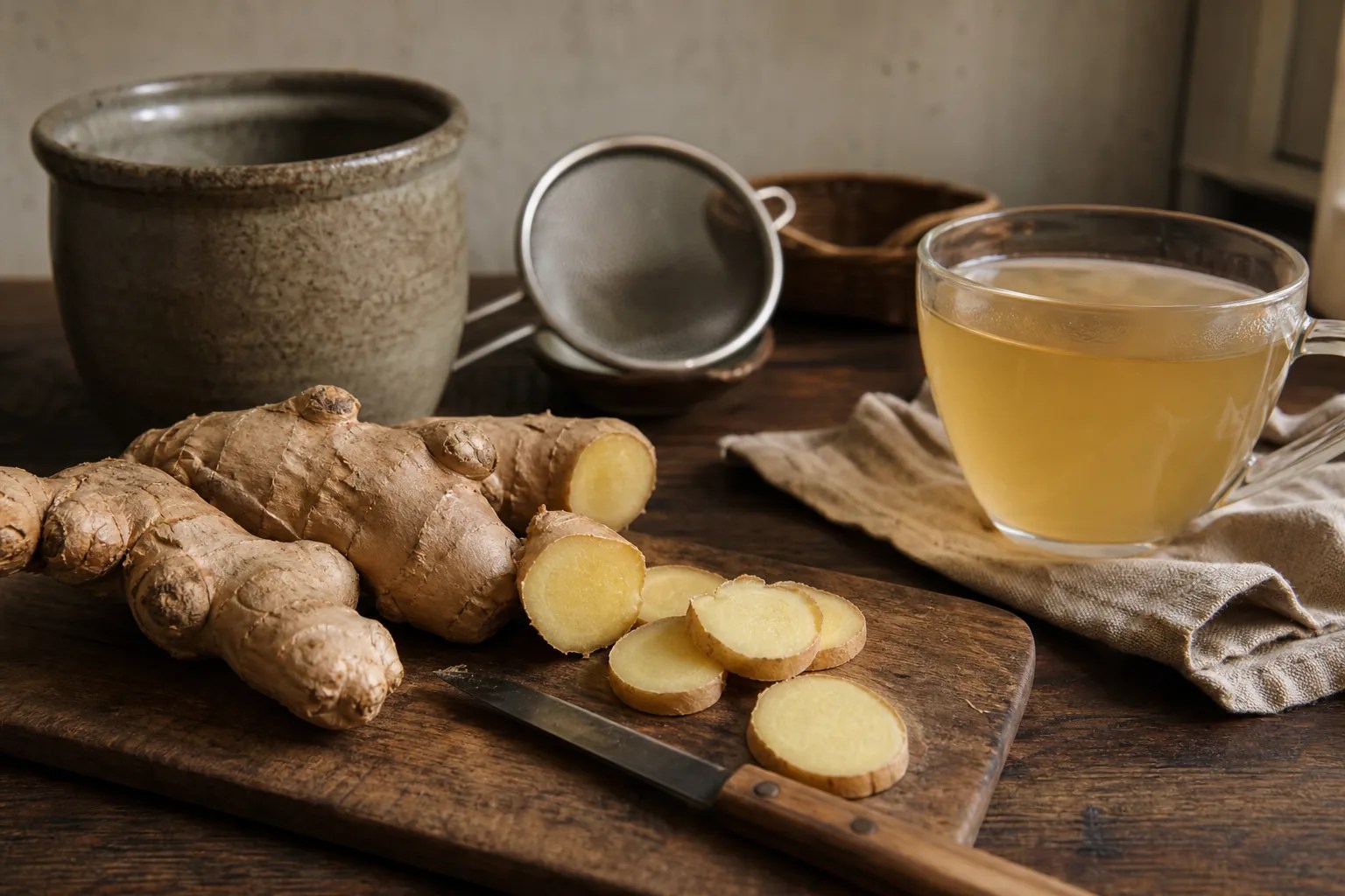 Fresh food-grade ginger rhizome, thin slices, stoneware cup, and amber infusion on a kitchen table.