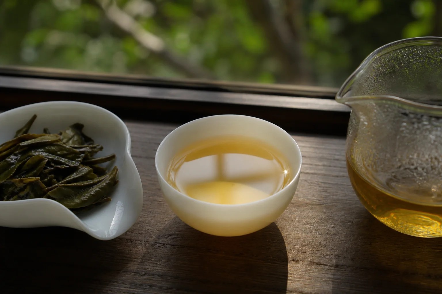 Clear golden tea catching a small point of sunlight in a white cup.