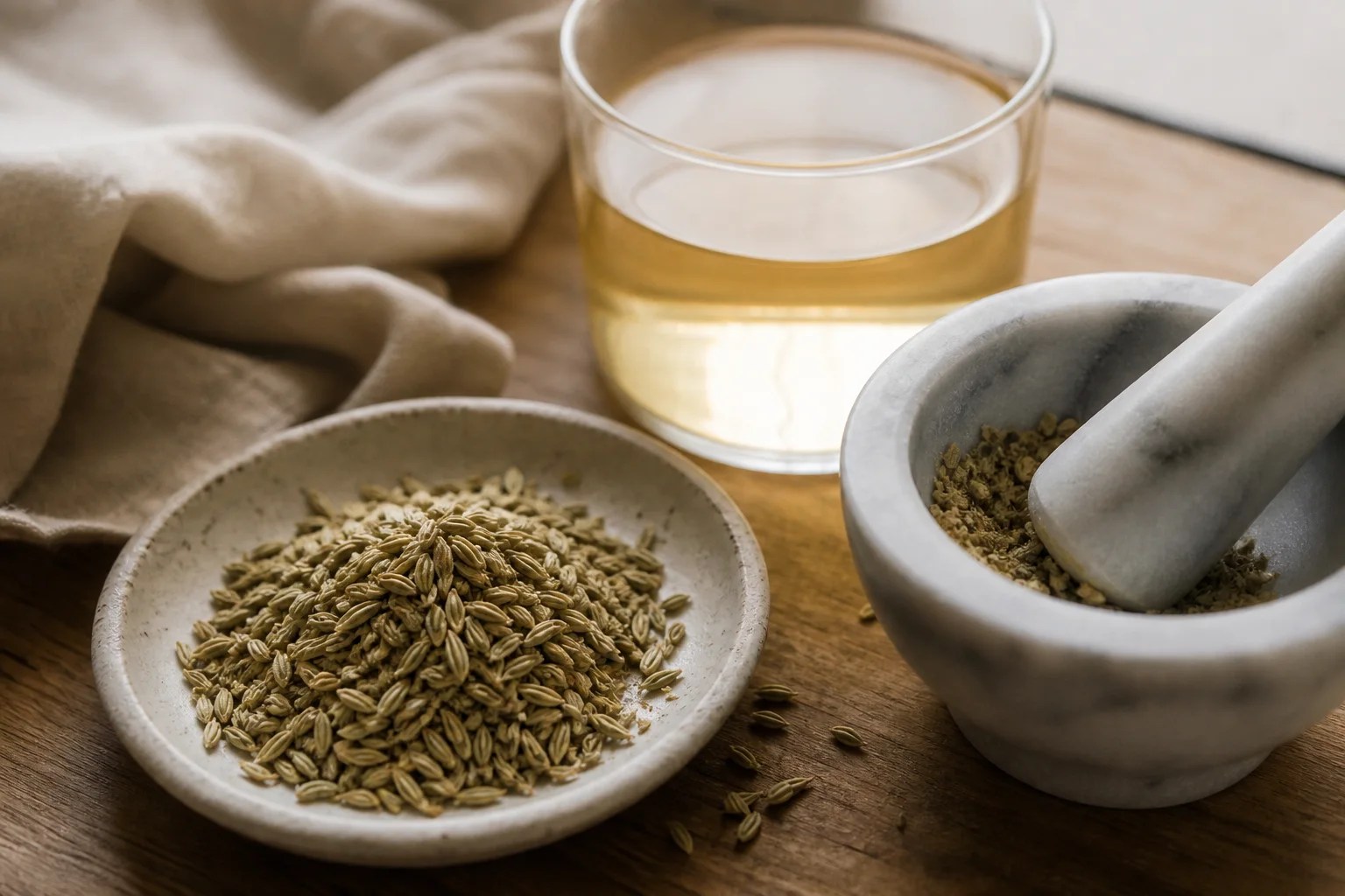 Dried fennel fruits, some lightly crushed, beside a pale-gold infusion.