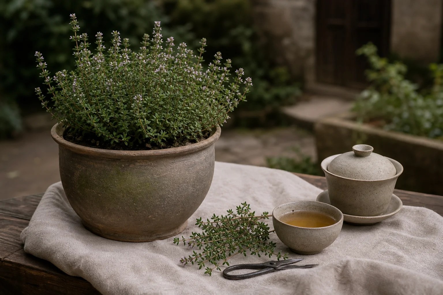 Potted common thyme and a few clipped sprigs beside a covered infusion.