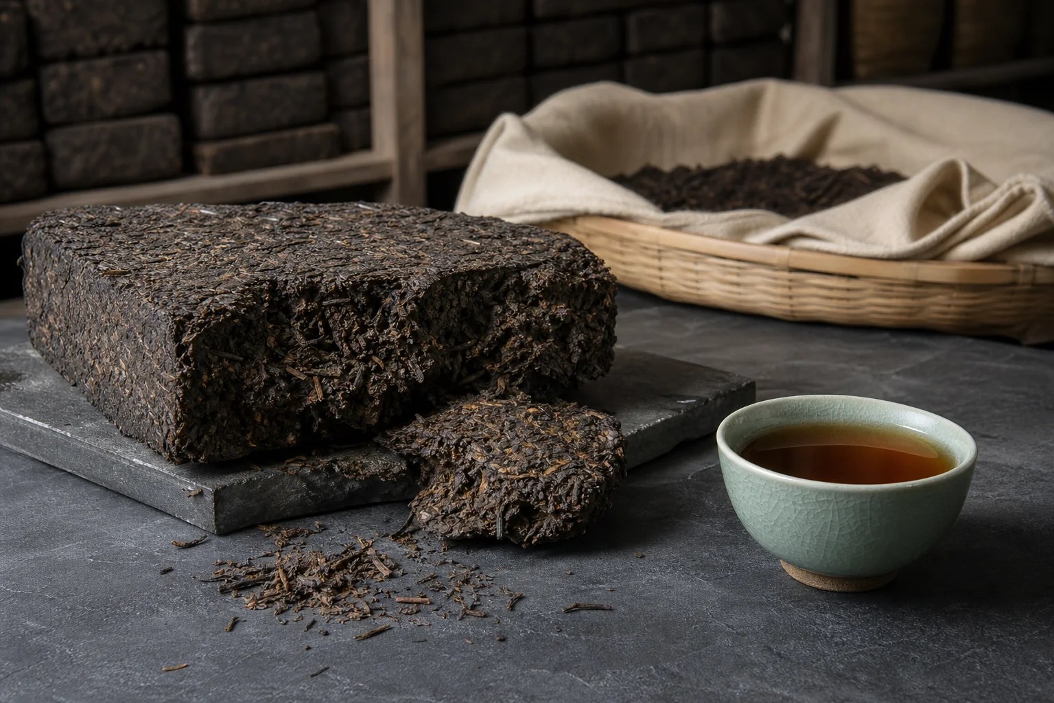 A clean dark-tea brick cross-section, loose fermented leaf, and chestnut-brown liquor.