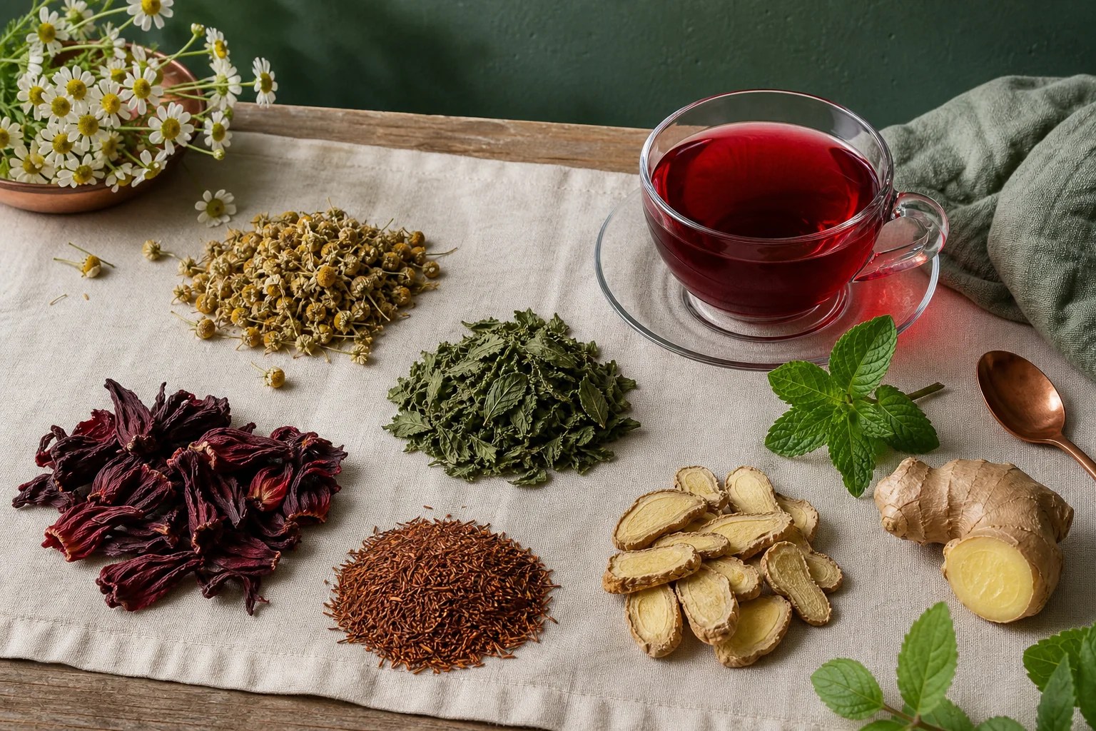 Separate chamomile, mint, ginger, rooibos, and hibiscus ingredients with ruby hibiscus infusion.