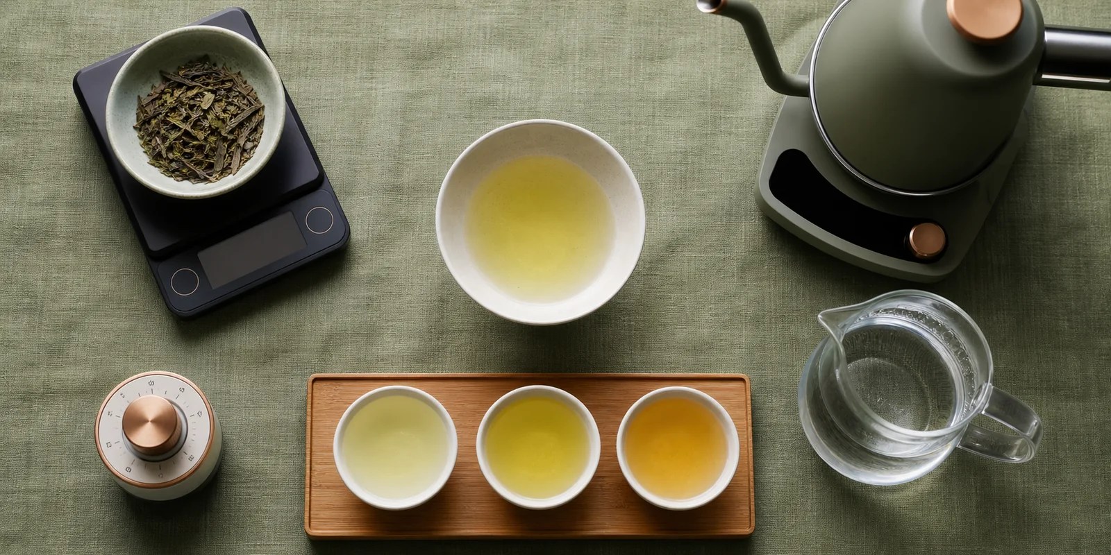 Tea scale, kettle, timer, gaiwan, and three tasting cups arranged for a brewing comparison.