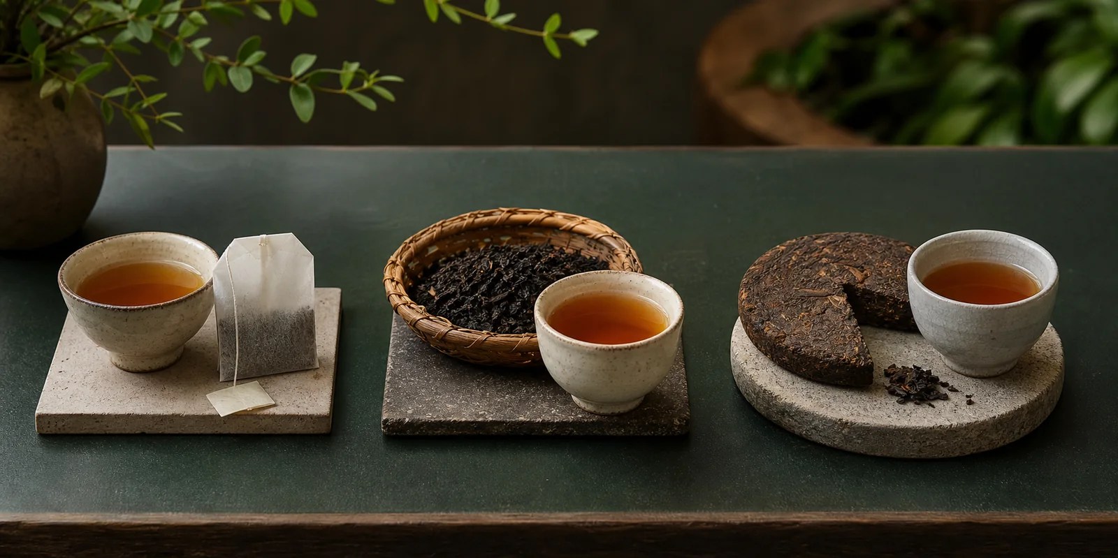 Bagged tea, loose black tea, specialty oolong, and pu-erh shown side by side with brewed cups.