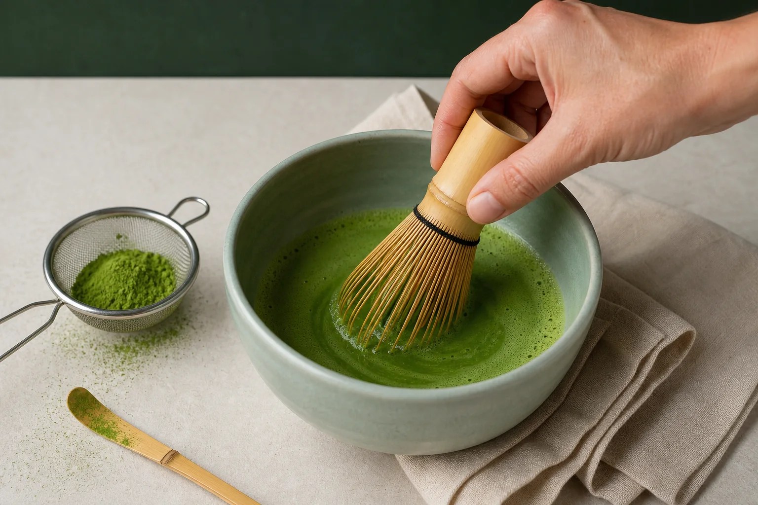 Vivid opaque matcha being whisked in a wide celadon bowl beside a fine sieve.