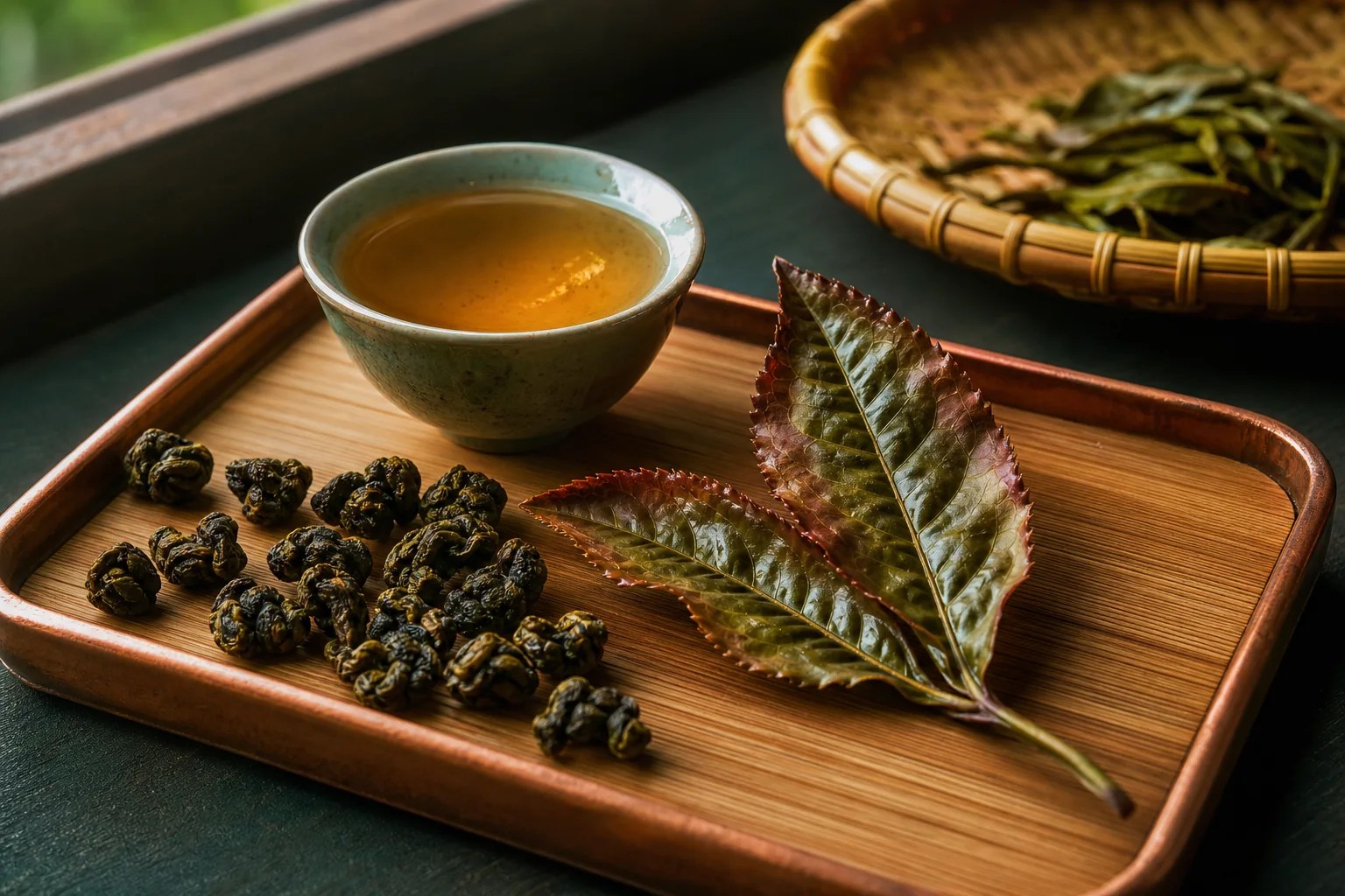 Rolled oolong, amber-gold liquor, and an opened leaf with green center and bruised red margins.