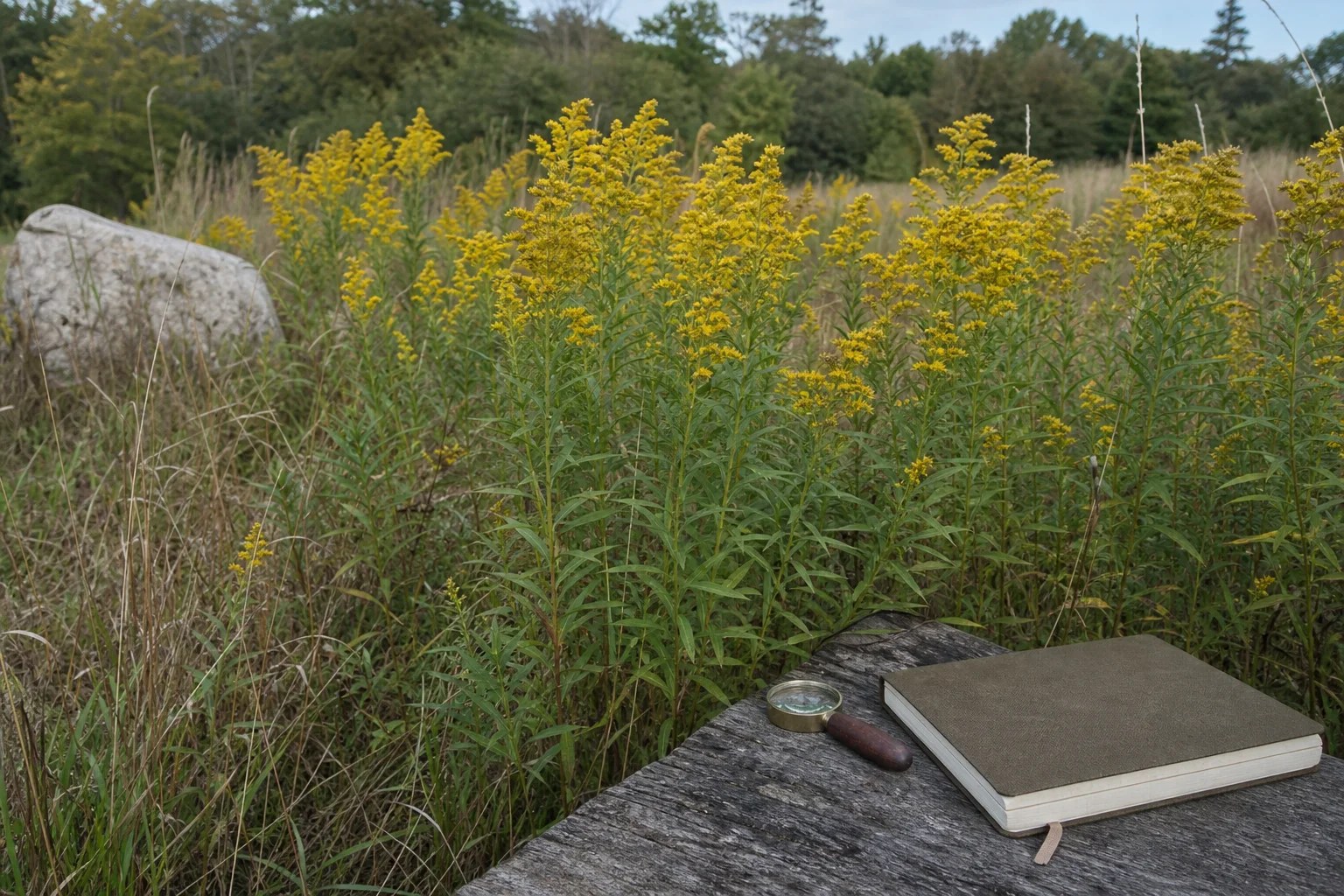 Canada goldenrod at a meadow edge beside a closed notebook and unused hand lens.