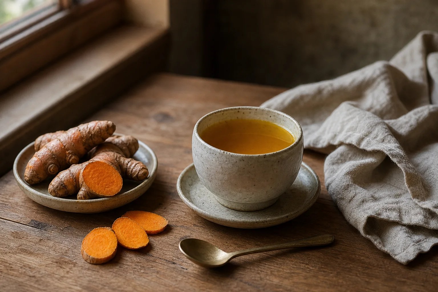 Food-grade turmeric rhizomes and slices beside a modest golden infusion.
