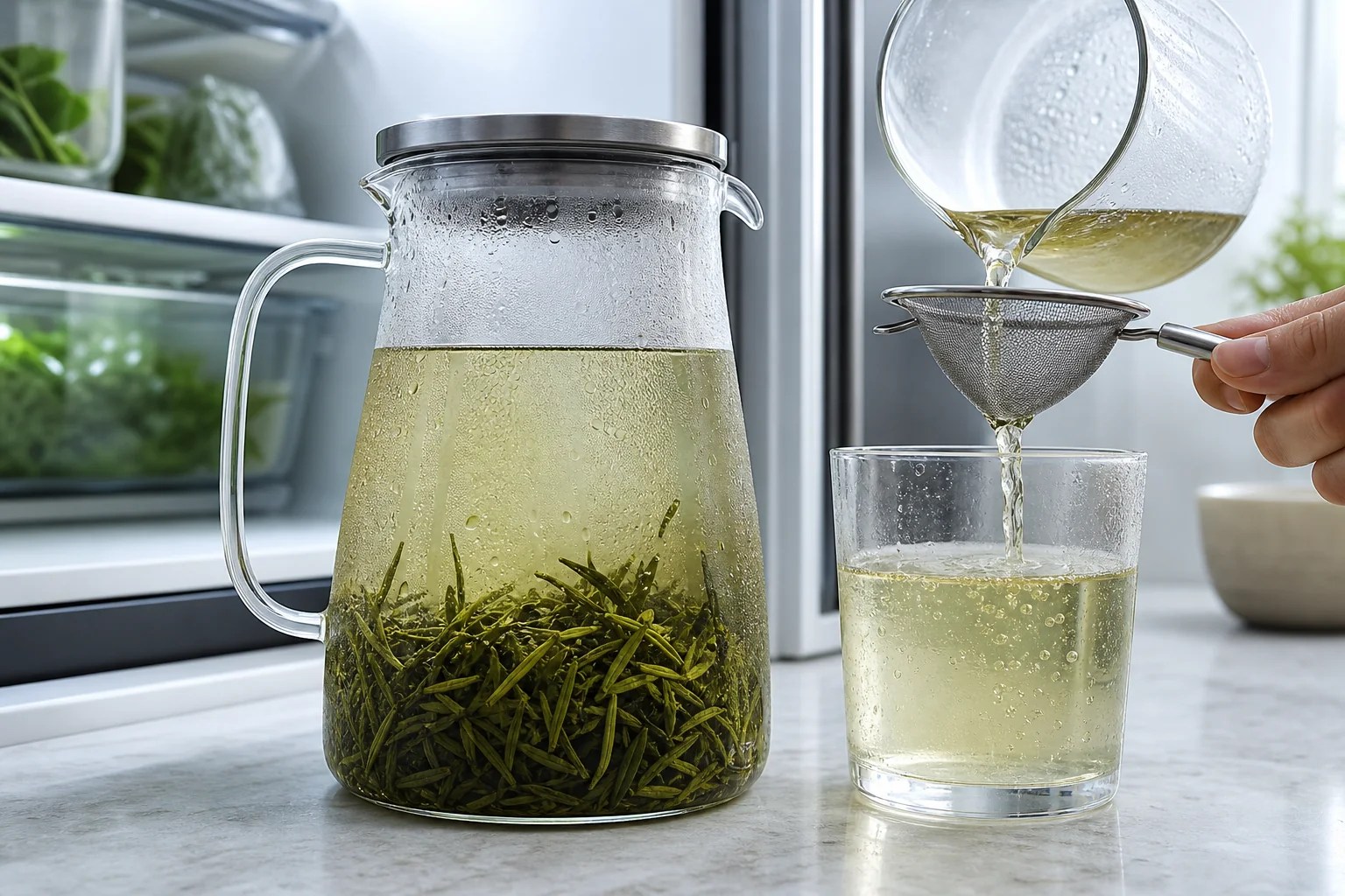 A covered refrigerated pitcher of cold-brew green tea being strained into a glass.