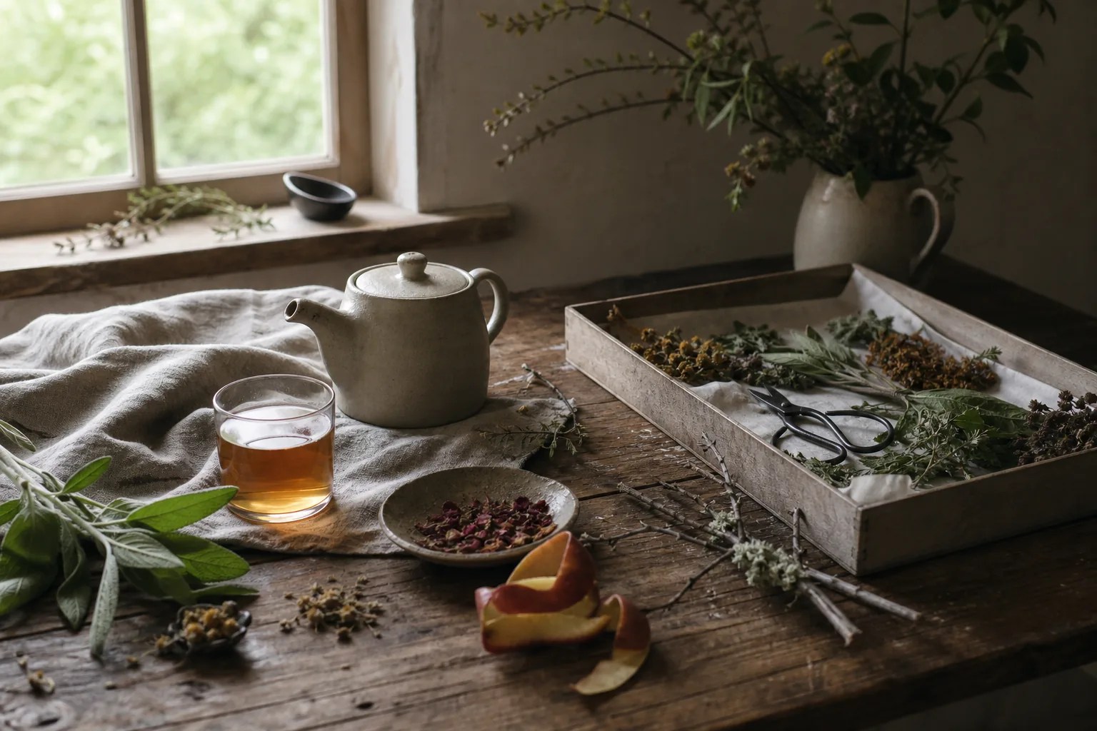 A quiet herbal infusion table with labeled culinary herbs, amber cups, linen, and a field notebook.