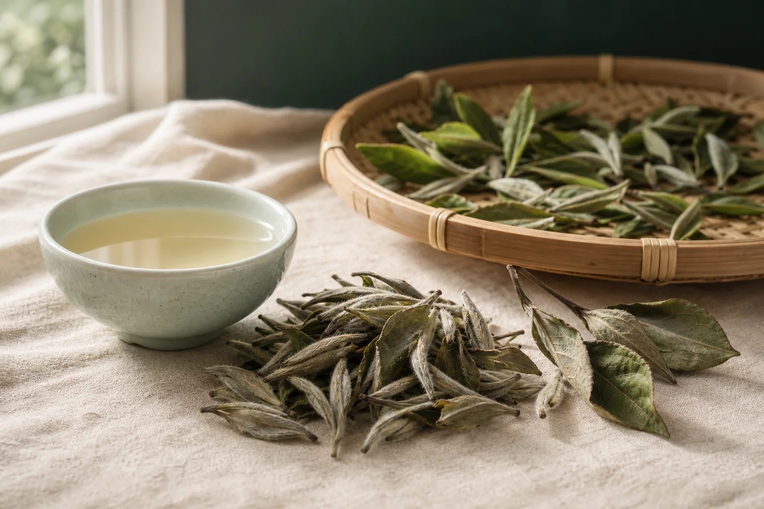 Fuzzy silver white-tea buds, open leaves, and pale tea beside a bamboo withering tray.