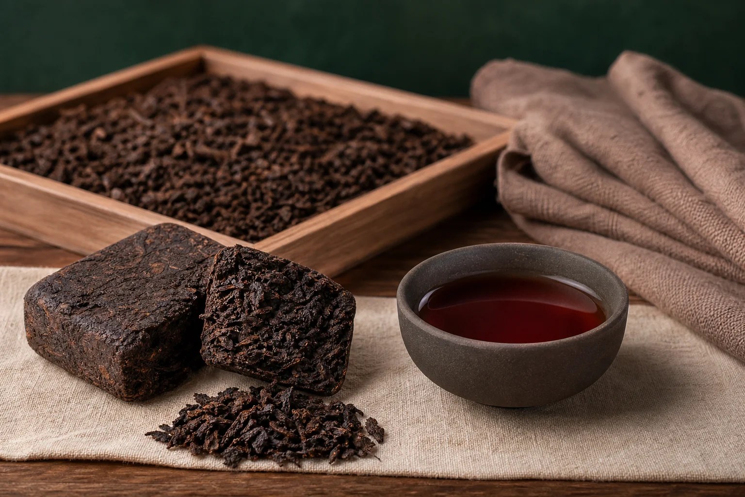 Ripe Pu-erh brick and loose dark leaf beside a low cup of clear mahogany liquor.
