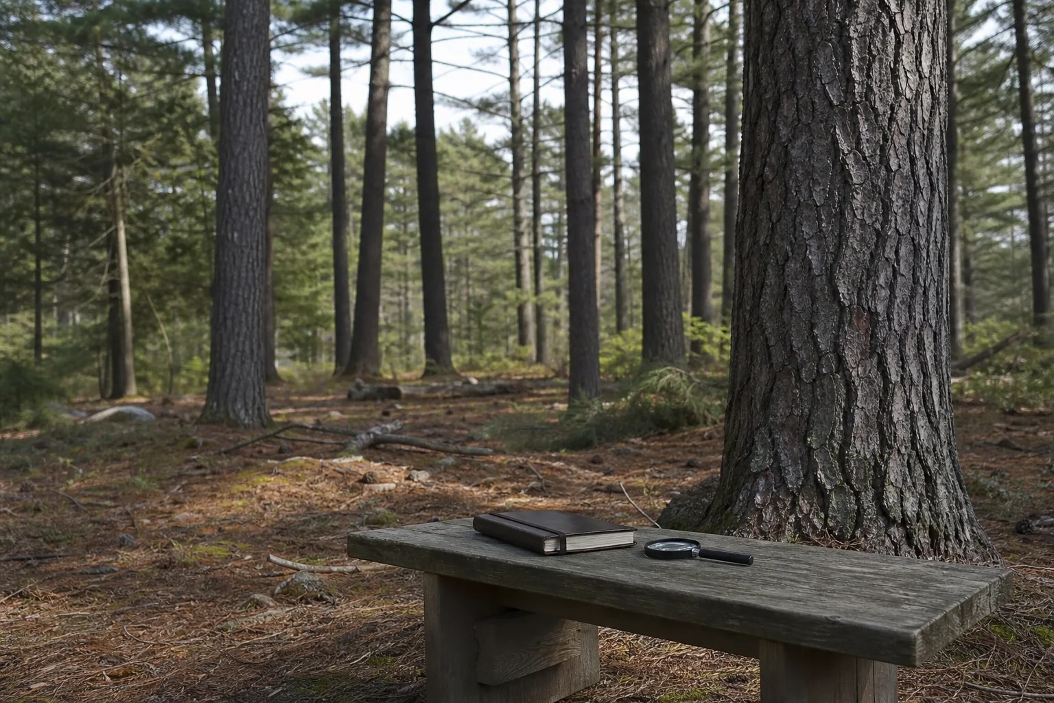 A mature eastern white pine grove observed beside a closed notebook and unused hand lens.