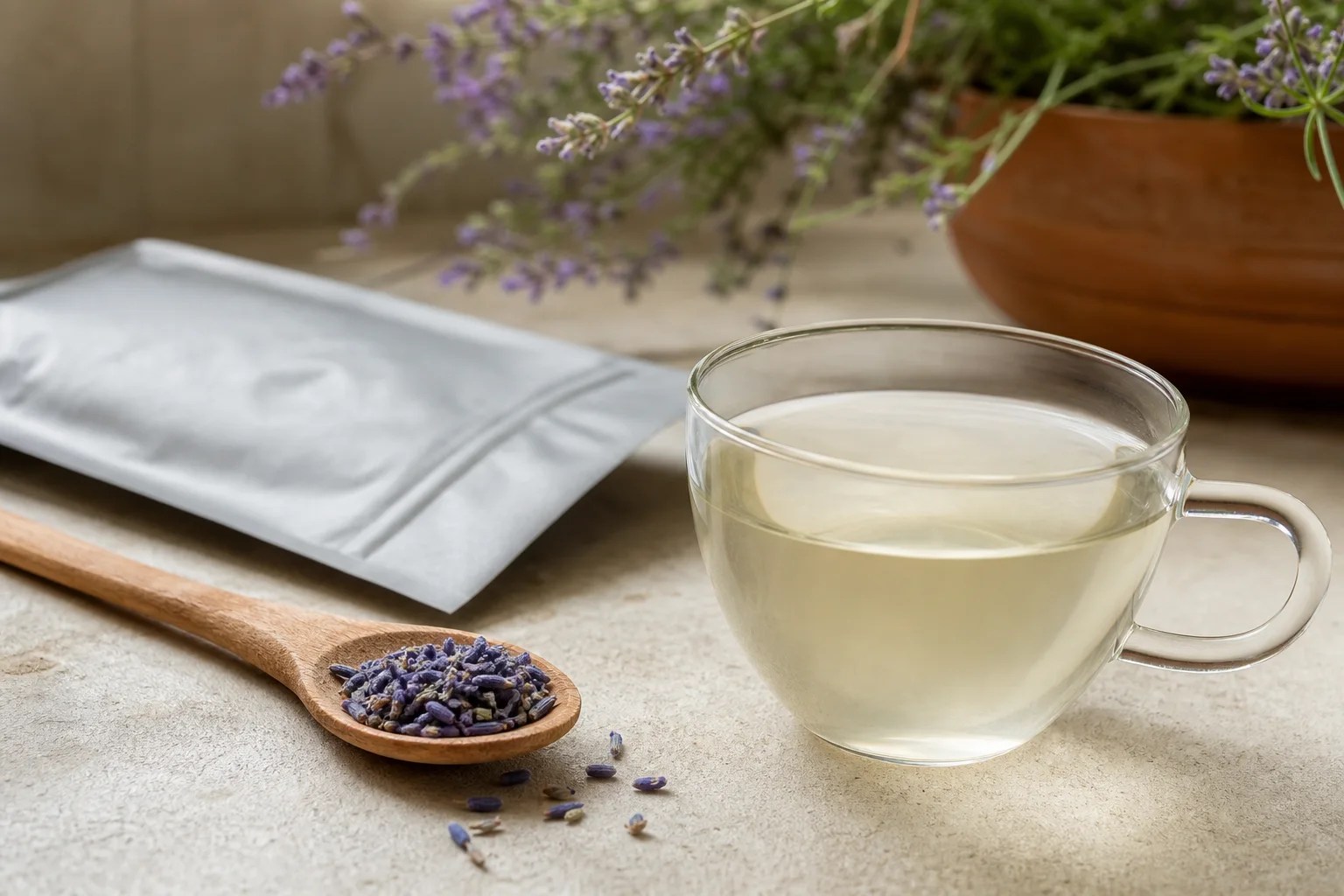A measured spoonful of food-grade English lavender beside a very pale infusion.