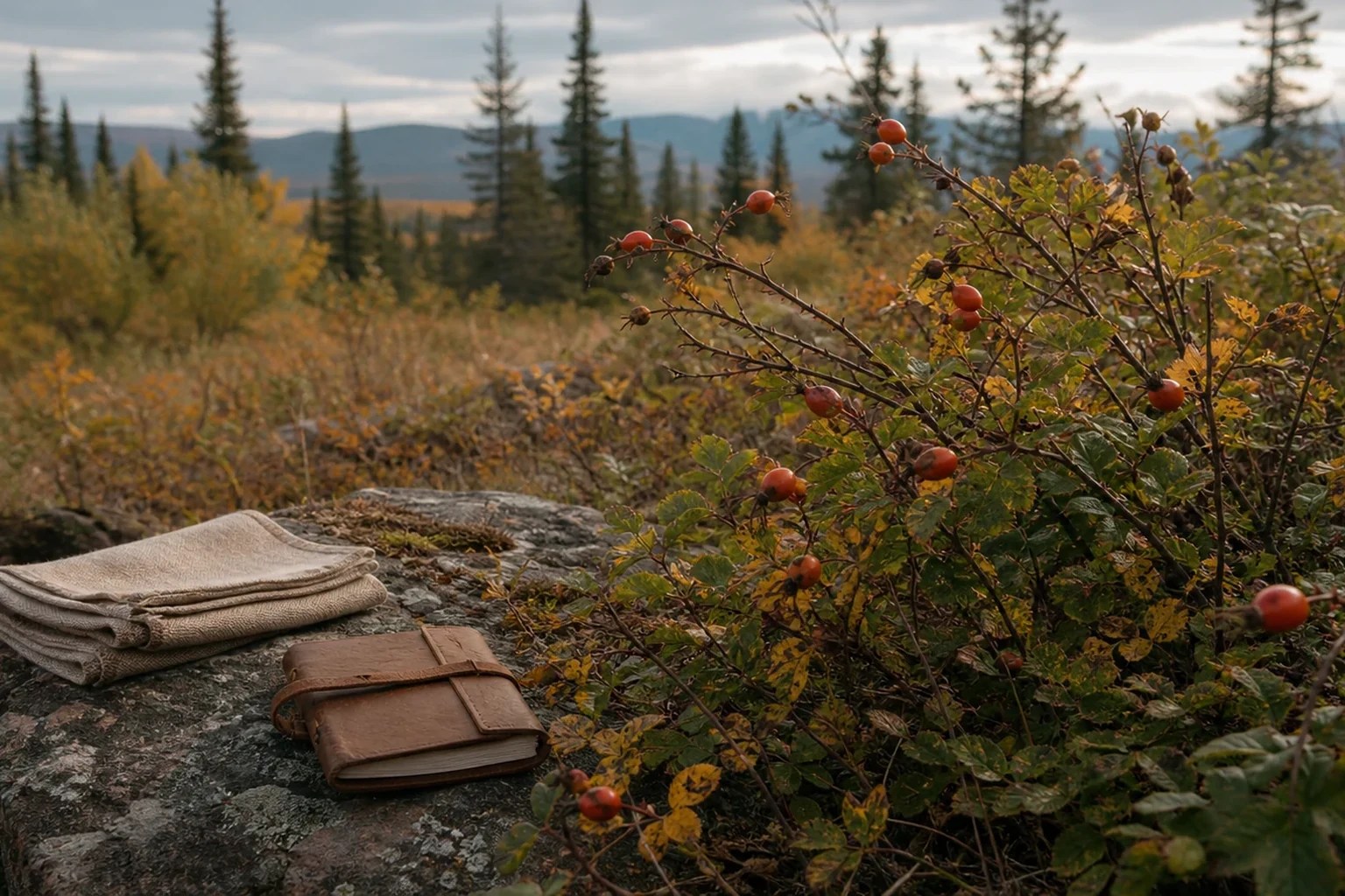 Ripe wild rose hips on a living shrub with a cloth strainer and field notes nearby.