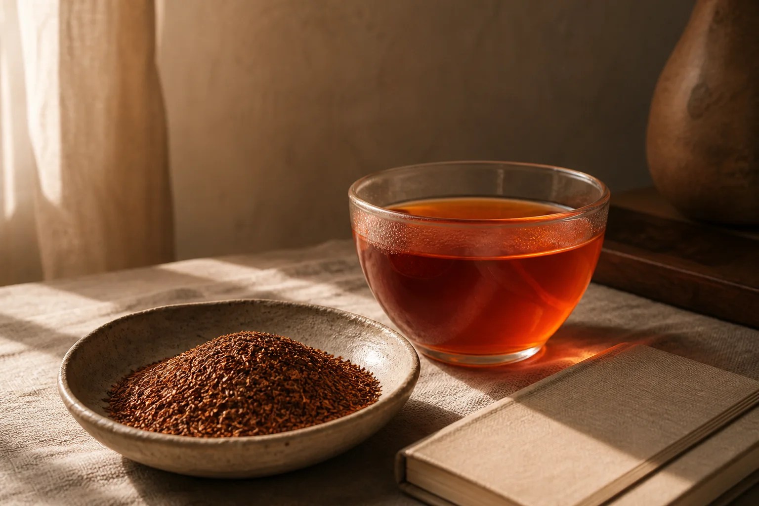 Processed red rooibos leaf beside a clear copper-red infusion.