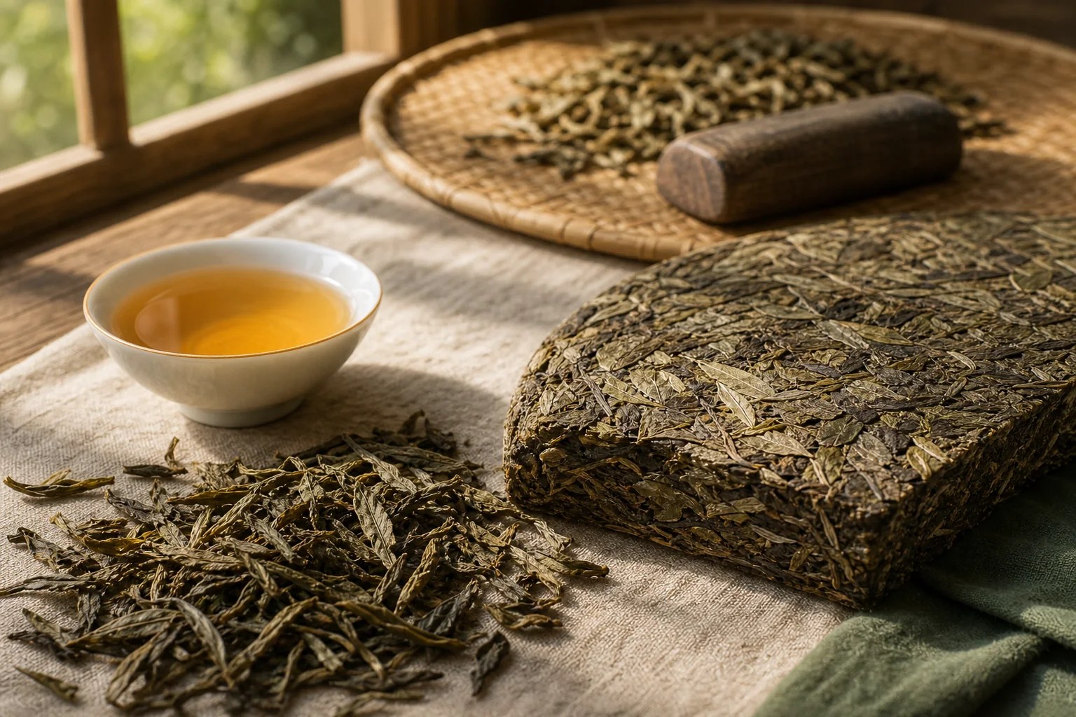 Raw Pu-erh cake, loose sun-dried maocha, and apricot-gold liquor in soft window light.