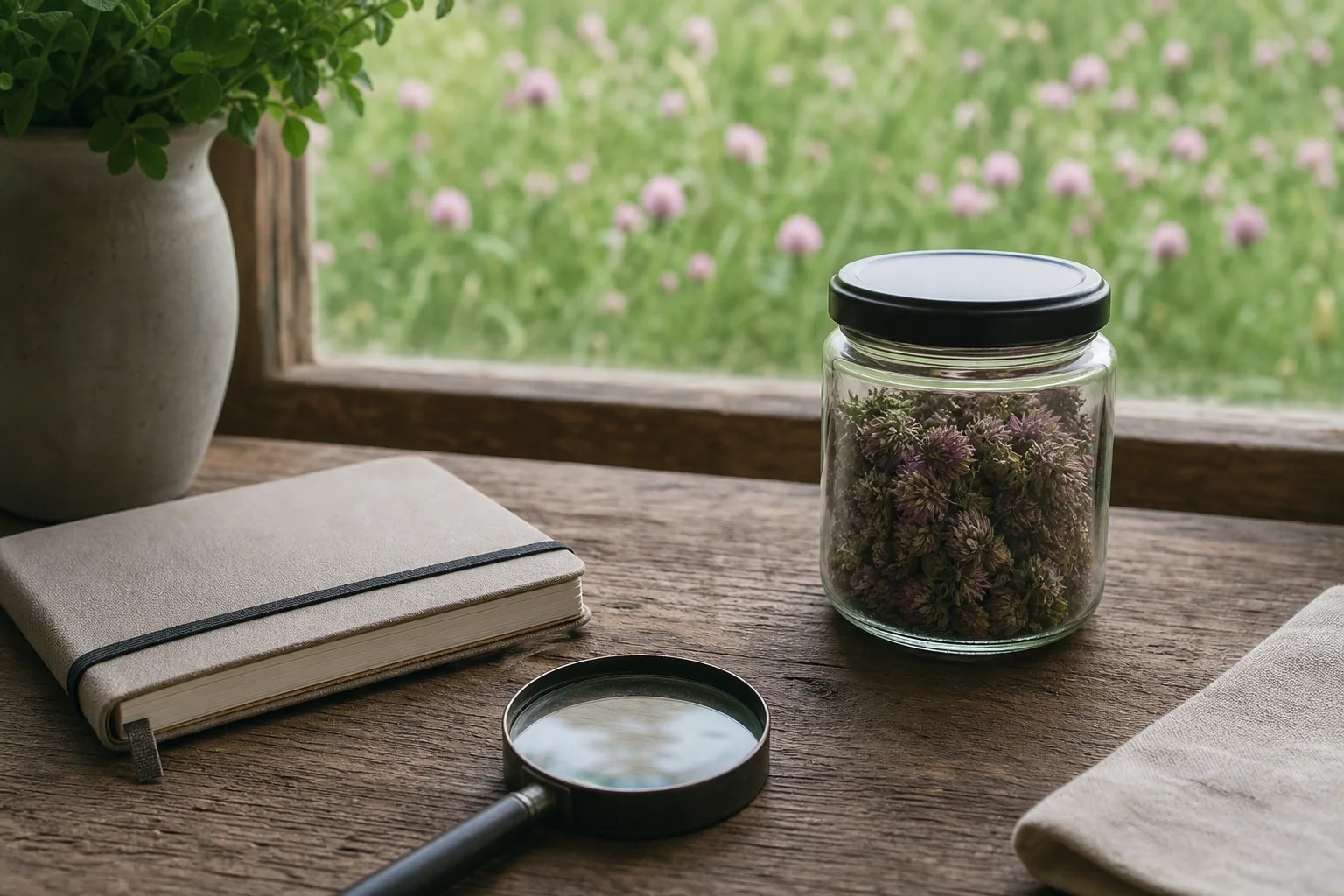 Purchased dried red clover flower heads in a closed jar beside a reference notebook and magnifier.