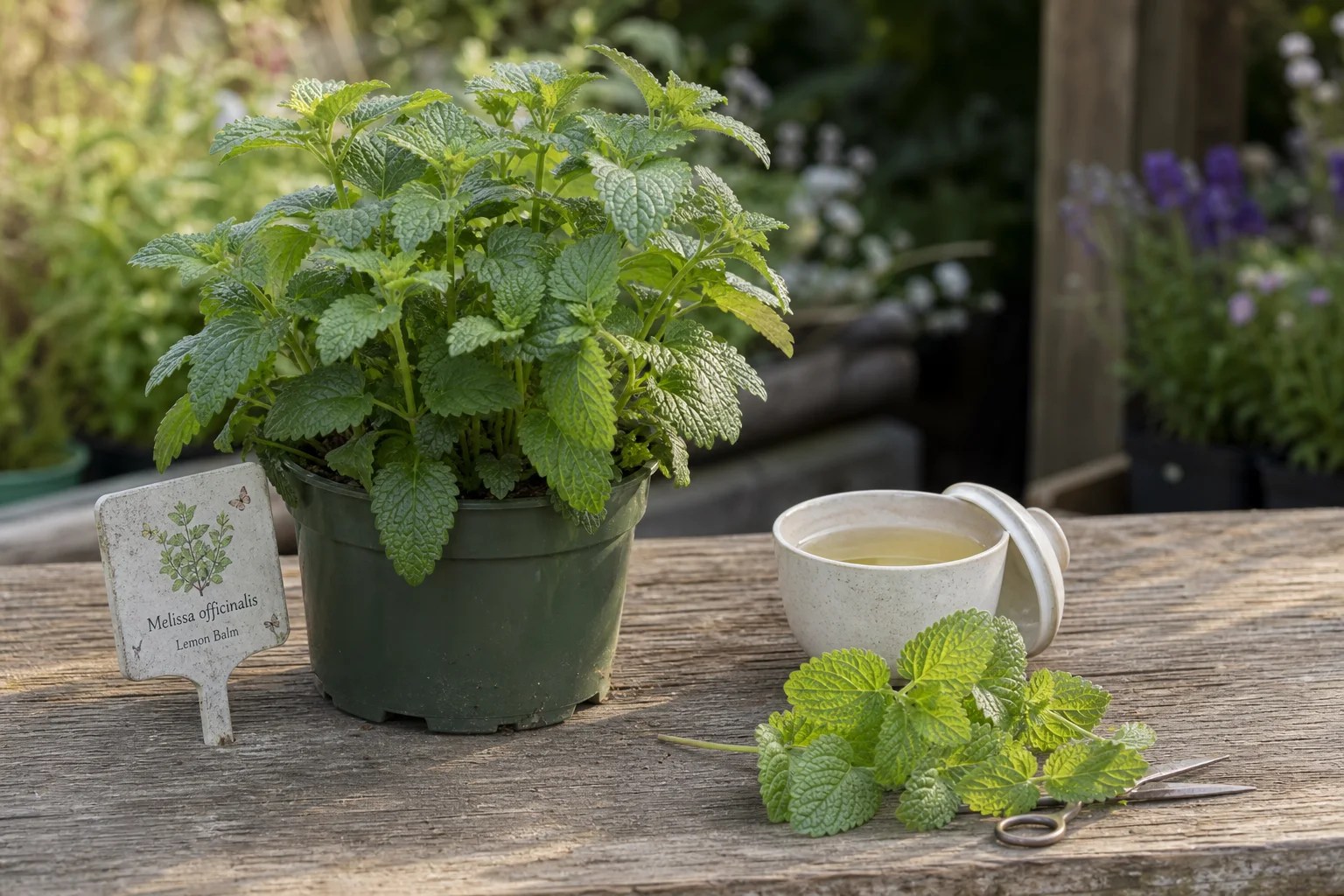 A garden-grown lemon balm plant beside clipped leaves and a pale covered infusion.