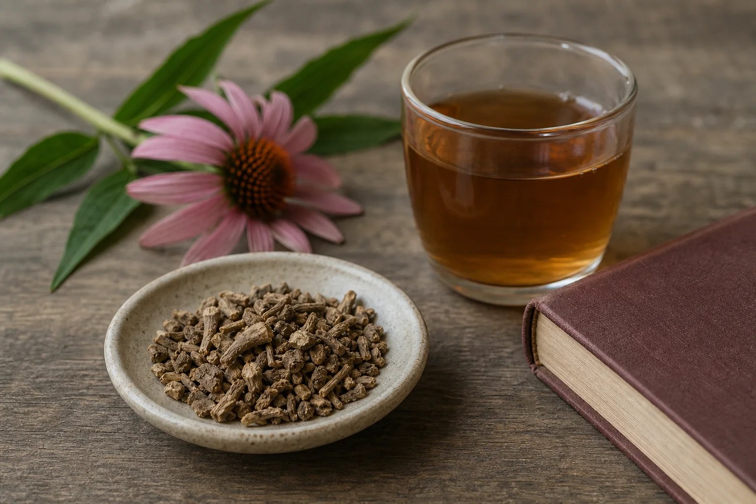 Purchased dried echinacea root pieces with a garden flower softly in the background.