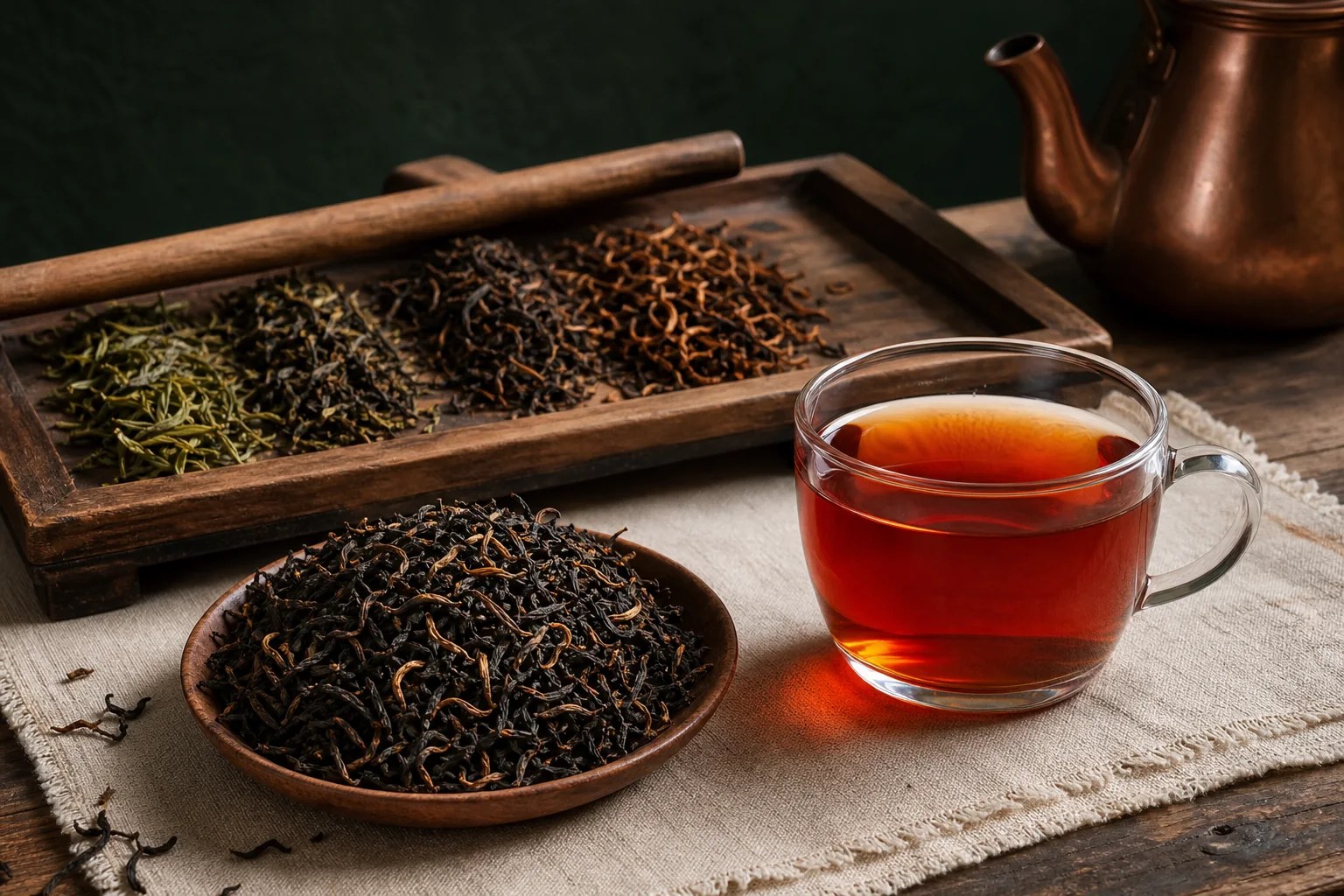 Wiry whole-leaf black tea, red-amber liquor, and oxidizing leaves on a rolling board.