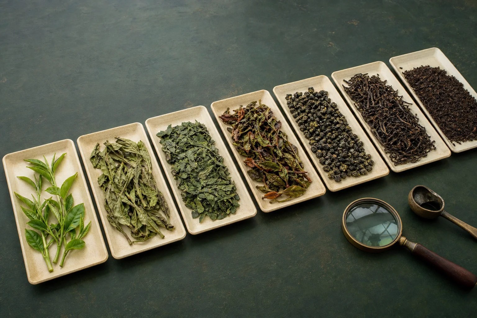 Tea leaves, vessels, and clear infusions arranged for the Being Tea Co tea library.