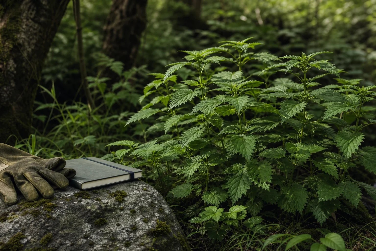 Stinging nettle growing in a moist patch, shown from a respectful distance with gloves and notebook.