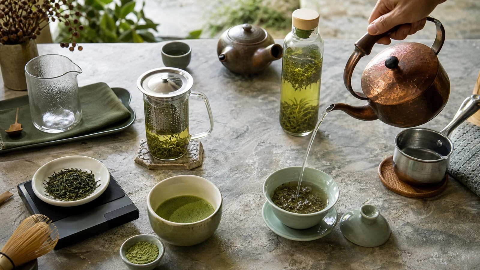 Tea brewing vessels and measured leaf arranged for the Being Tea Co preparation library.