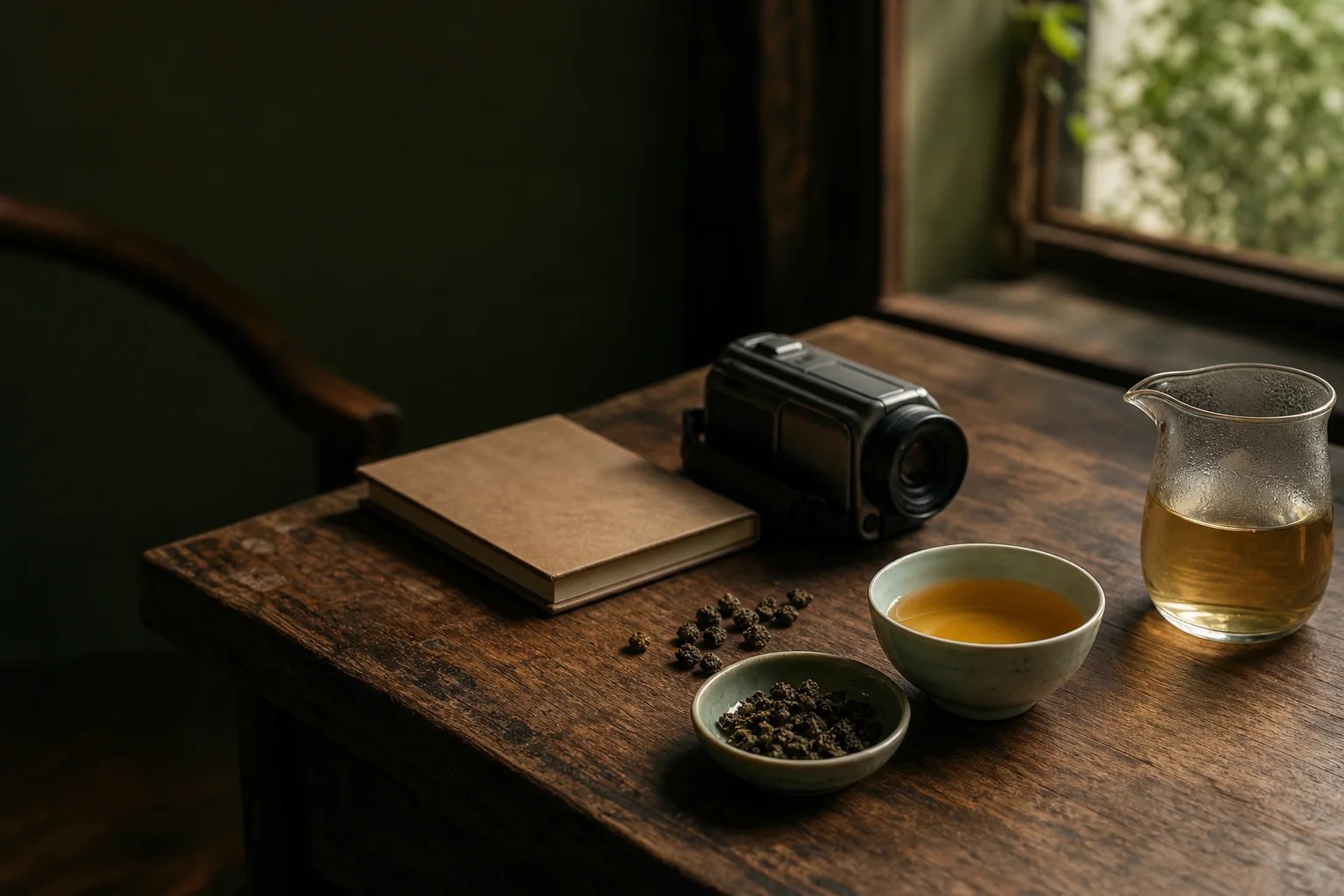An older video camera, plain notebook, rolled oolong, tea cup, and fairness pitcher on a wooden table.